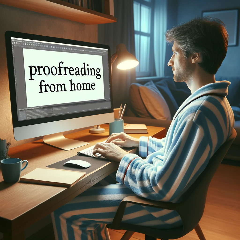 freelancer in pajamas at desk ensuring proofreader success