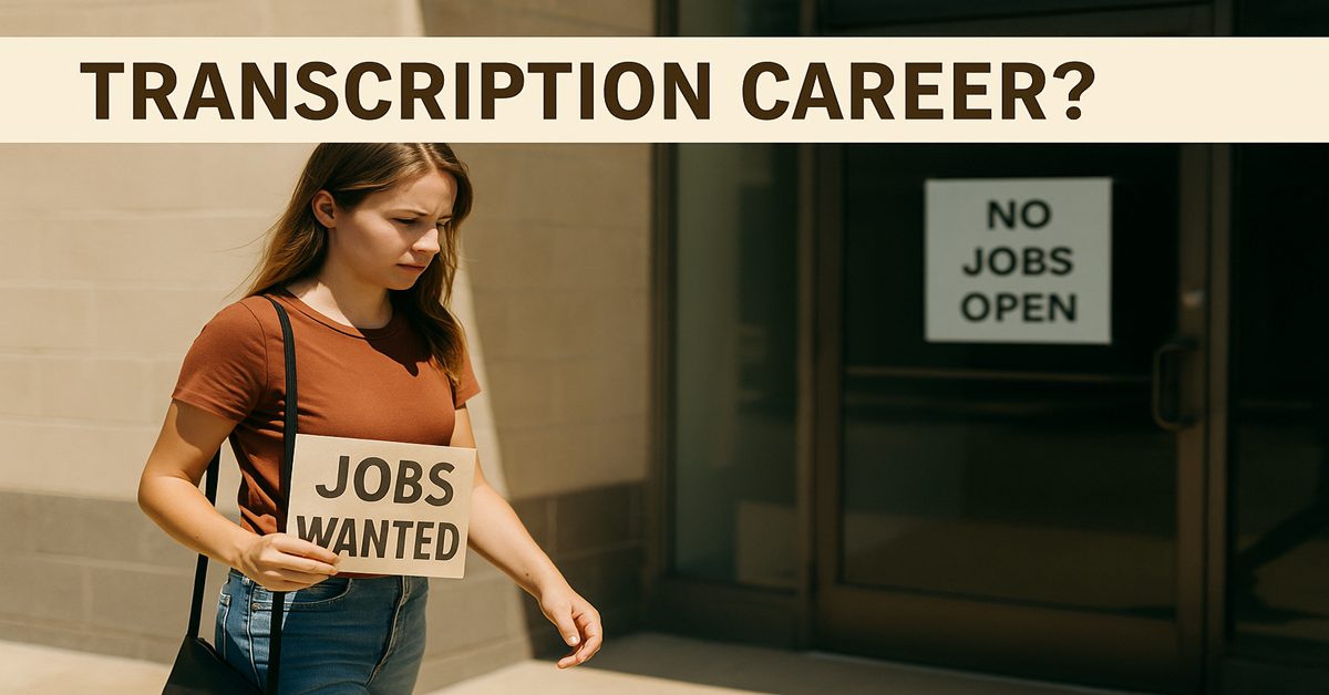 Woman walking on a hot sidewalk holding a “Jobs Wanted” newspaper, symbolizing her search for a transcription career.