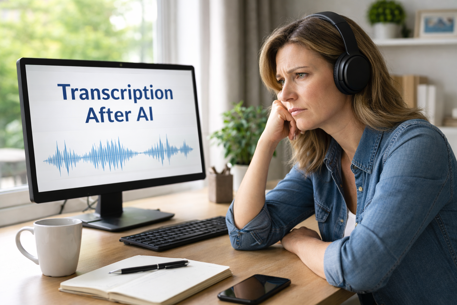 A transcriptionist wearing wireless headphones sits at a desk by a window, focused on a computer screen labeled “Transcription After AI,” with a coffee cup and phone on the desk.