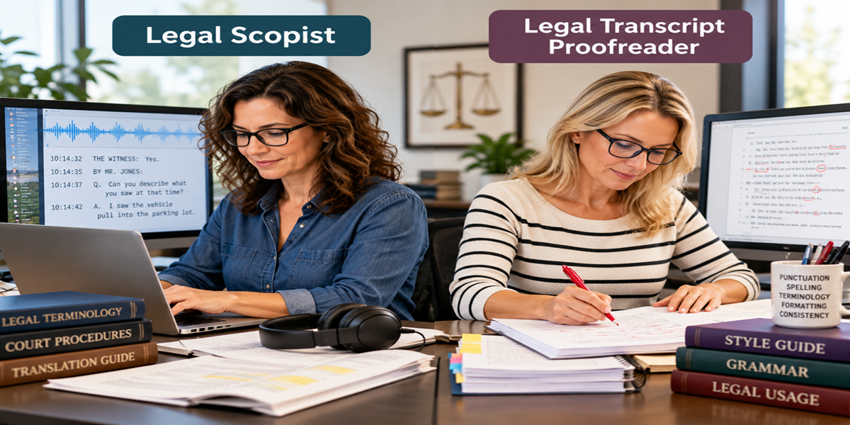 Legal scopist and legal transcript proofreader working side by side on legal transcripts